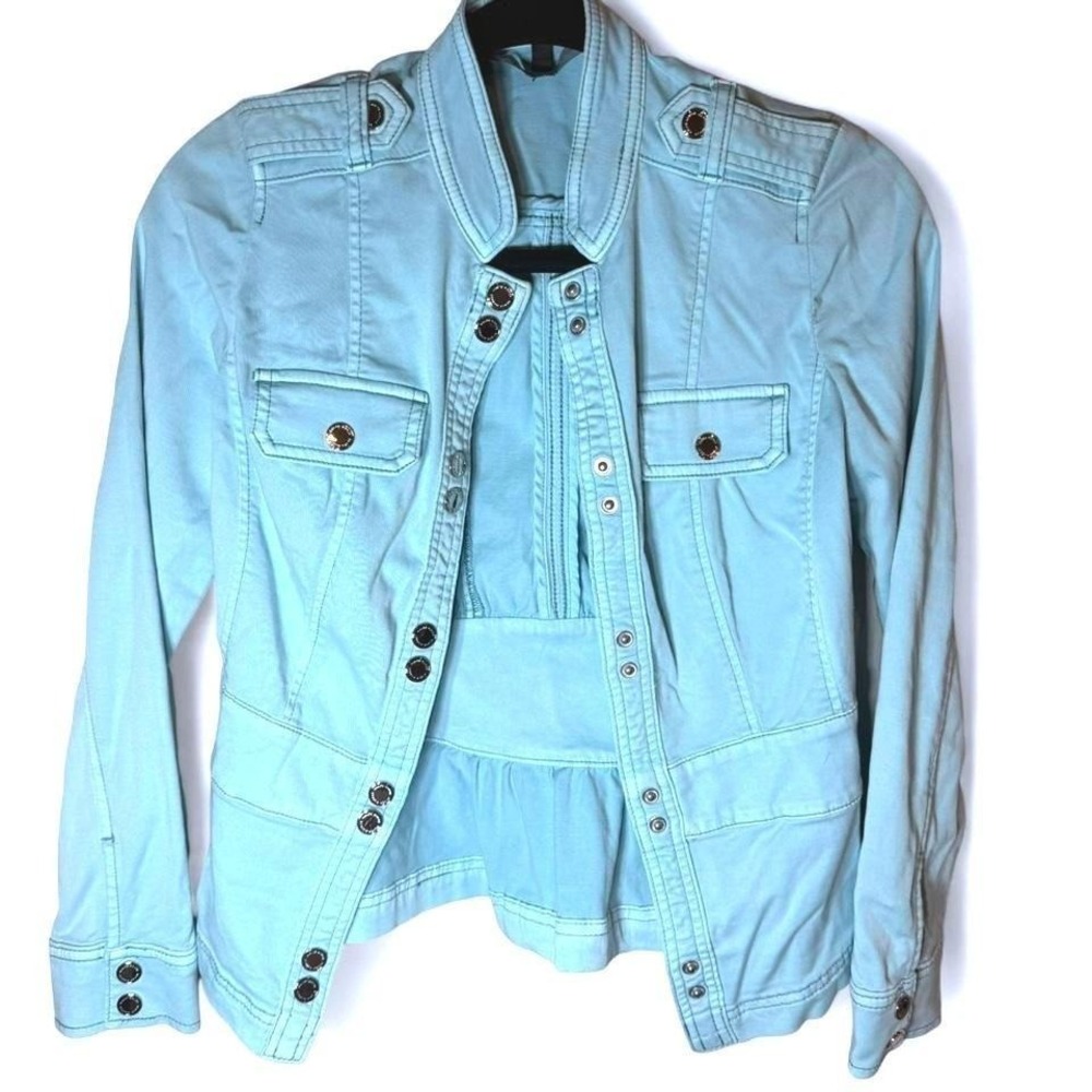 White House Black Market Aqua Blue Military Peplum Jacket Size 00 Snap Front